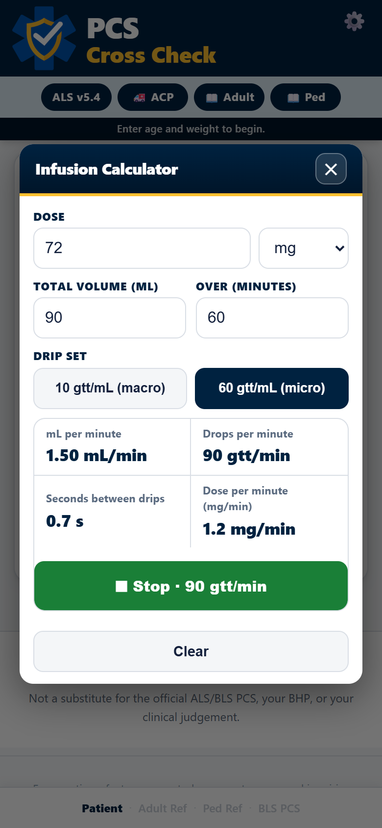 Infusion calculator with the drip metronome running