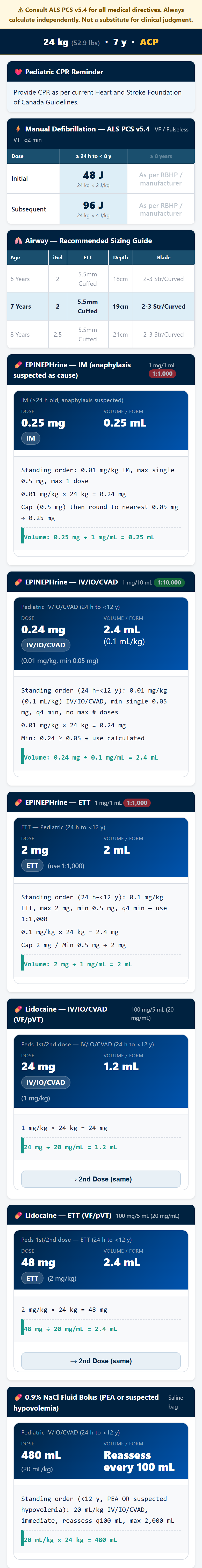 7-year-old, 24 kg medical cardiac arrest — from the ALS PCS v5.4 warning through CPR, defibrillation, airway and the NaCl fluid bolus
