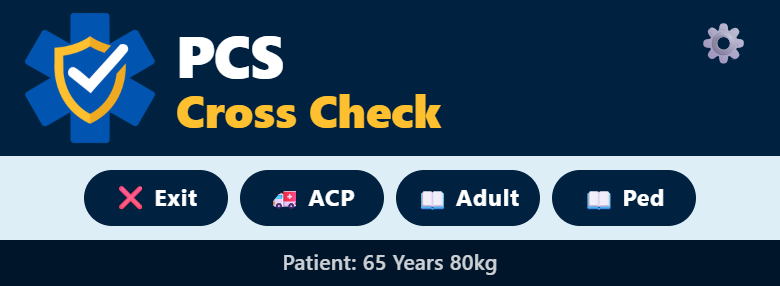 PCS Cross Check header — ALS v5.4, ACP scope, patient 65 years 80 kg — stays pinned while the card scrolls