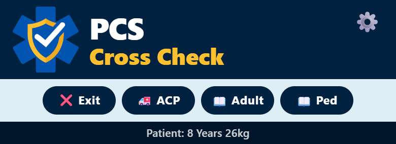 PCS Cross Check header — ALS v5.4, ACP scope, patient 8 years 26 kg — stays pinned while the directive scrolls