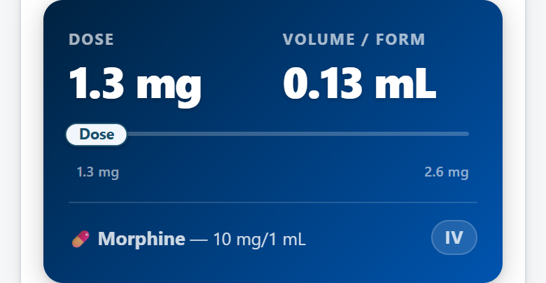 Morphine dose hero for an 8-year-old, 26 kg patient — drag the slider to set the dose between 1.3 and 2.6 mg