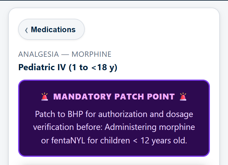 Morphine Pediatric IV directive — mandatory patch point and indications above the dose hero