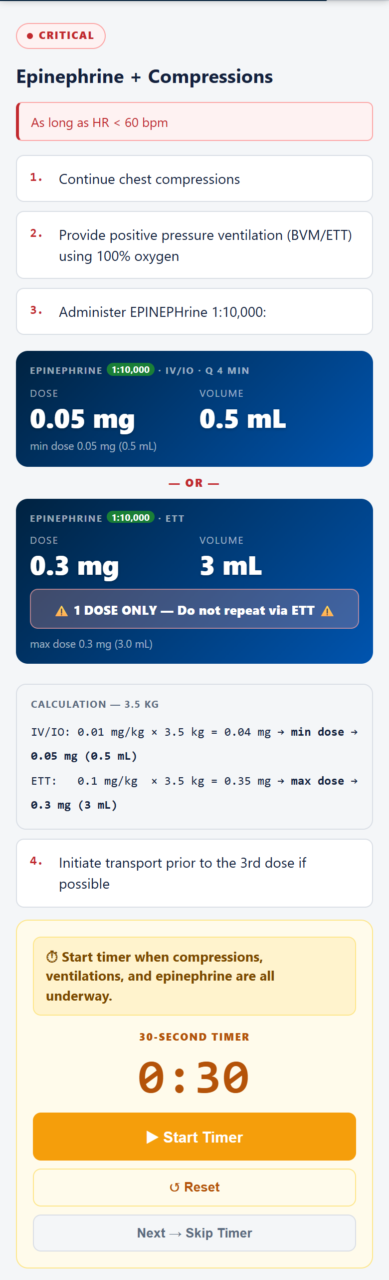 Epinephrine + Compressions guided step — instructions, 1:10,000 dose cards and the 30-second resuscitation timer